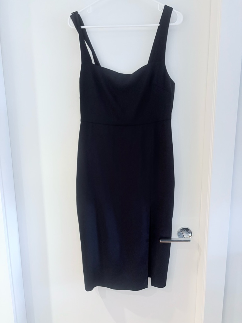 Babaton Navy Blue Midi Sheath Dress with Square Neck and Slit